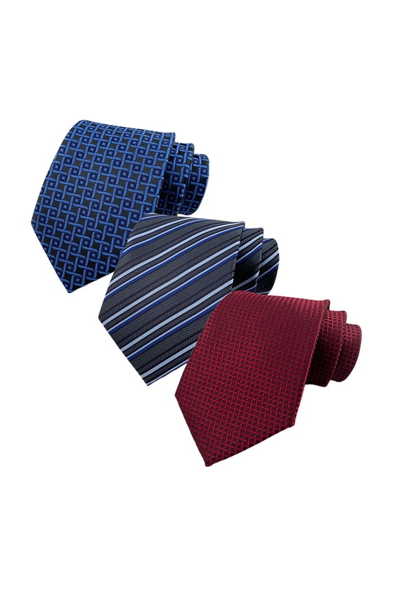 Classic Business Neckties for Men - Set of 3 Jacquard Woven Ties in Stripe & Check Designs, Sizes Include Regular and Extra Long for Big & Tall