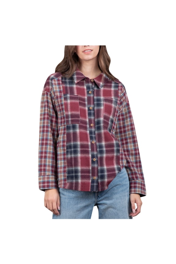 Classic Button Up Plaid Shirts for Women Casual Long Sleeve Collared Blouses 2 Chest Pockets Flannel Shackets (Medium, Red)