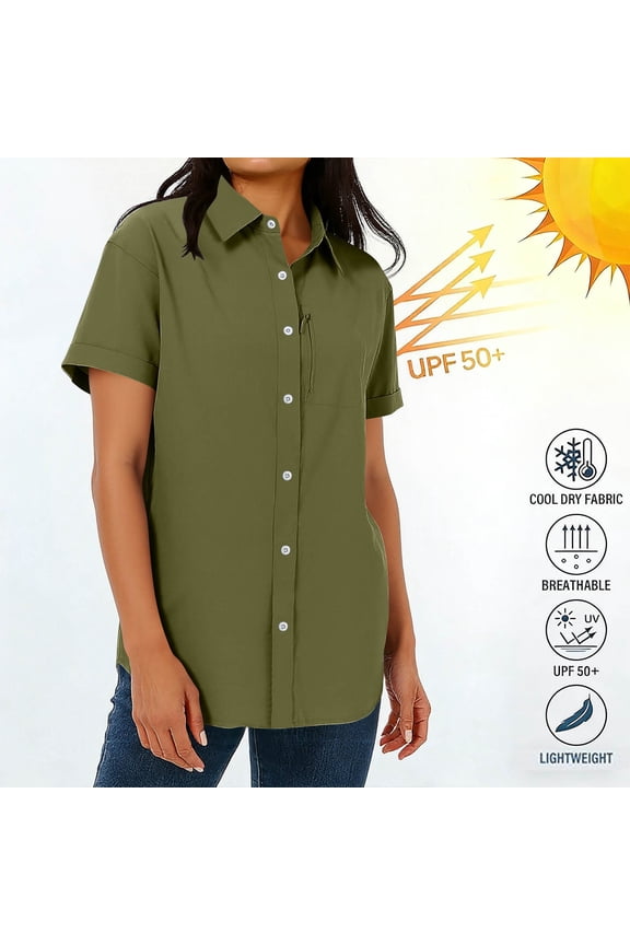 Classic Button Down Shirt for Women Short Sleeve Collared Business Casual Blouse Single Pocket Rolled Cuffs Soft Breathable Workwear Office Top