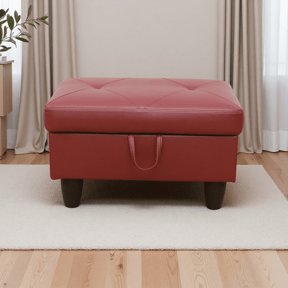 Classic Button-Tufted Red Faux Leather 28-Inch Rectangular Storage Ottoman for Entryway, Living Room & Bedroom, 1-Pack