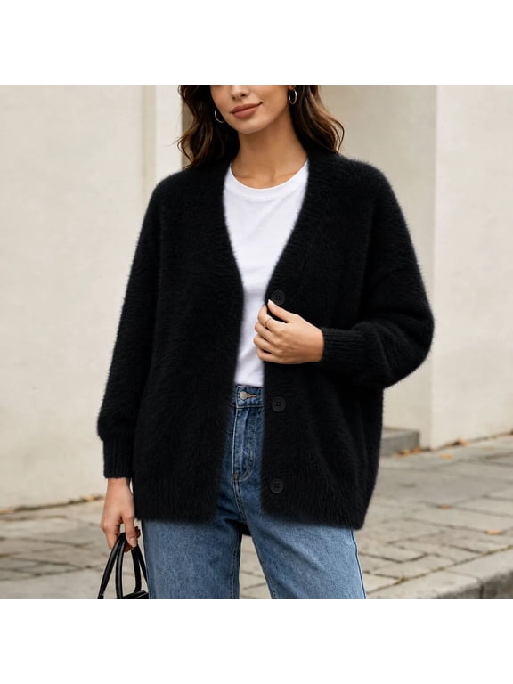 Classic Button-Up Knit Cardigan for Women Soft Acrylic Long Sleeve Perfect Layering Piece