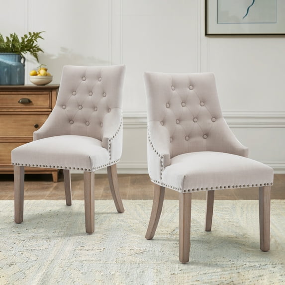 Classic Button-tufted Dining Chair Beige Fabric Leisure Padded Ring Chair, Nailed Trim, Set of 2