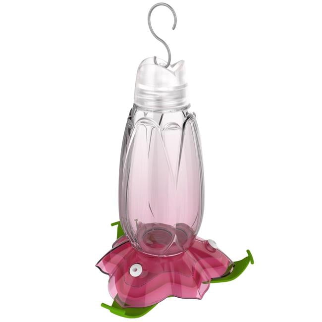 Pink Gradient Glass Hanging Hummingbird Feeder with Plastic Flower Base
