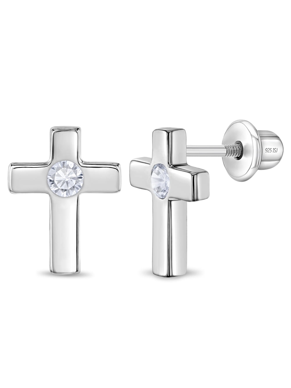 Classic CZ Cross Baby / Toddler / Kids Earrings Screw Back - Sterling Silver