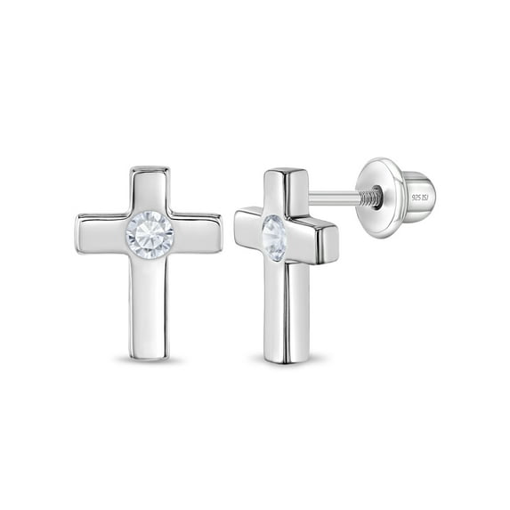 Classic CZ Cross Baby / Toddler / Kids Earrings Screw Back - Sterling Silver