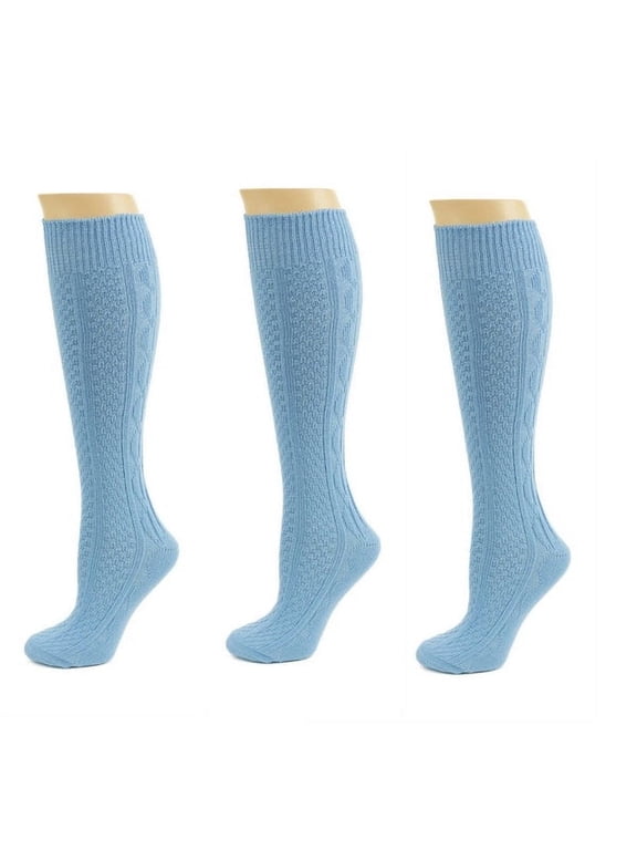 Classic Cable Knit Acrylic Knee High Socks,Pack of 3,for Female, Carolina Bue,for Women