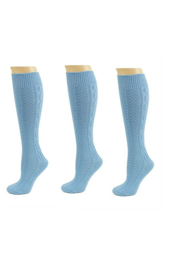 Classic Cable Knit Acrylic Knee High Socks,Pack of 3,for Female, Carolina Bue,for Women