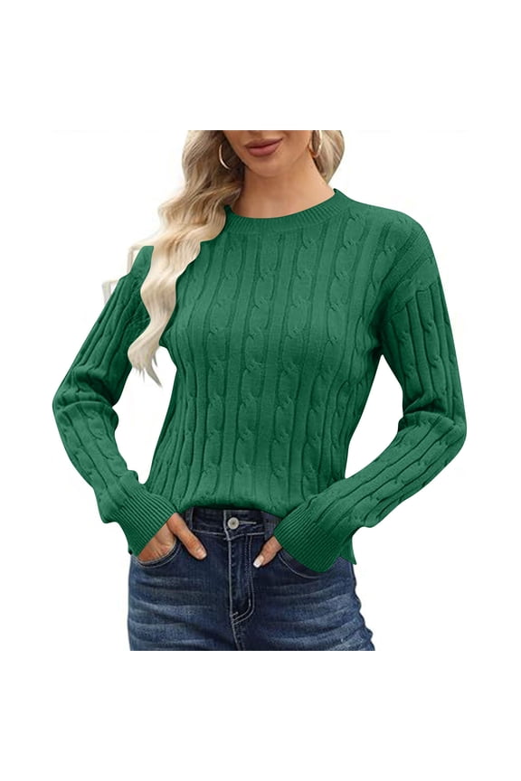 Classic Cable Knit Sweaters Womens Long Sleeve Lightweight Soft Pullover Sweater Dressy Casual Fall Basic Tops Green, S