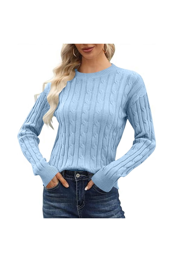 Classic Cable Knit Sweaters Womens Long Sleeve Lightweight Soft Pullover Sweater Dressy Casual Fall Basic Tops Light Blue, L