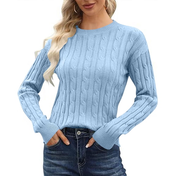 Classic Cable Knit Sweaters Womens Long Sleeve Lightweight Soft Pullover Sweater Dressy Casual Fall Basic Tops Light Blue, S