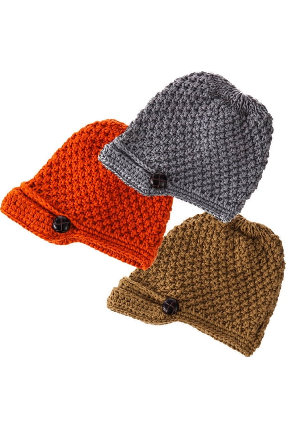 Classic Camel Orange And Light Grey Button Brim Knit Hats Set Of 3