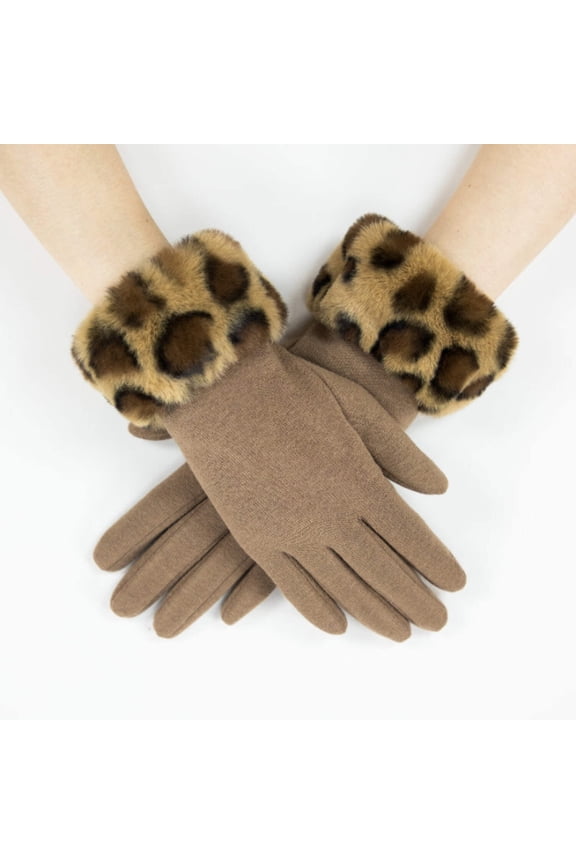 Classic Camel Gloves with Bold Leopard Print Faux Fur Cuffs - Chic Winter Accessory for Women
