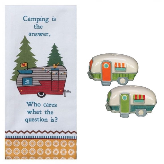 Classic Camper Salt and Pepper Shaker Set with Camping Kitchen Tea Towel