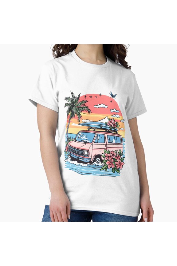 Classic Camper Van And Surfboard Road Trip Tee T-Shirt