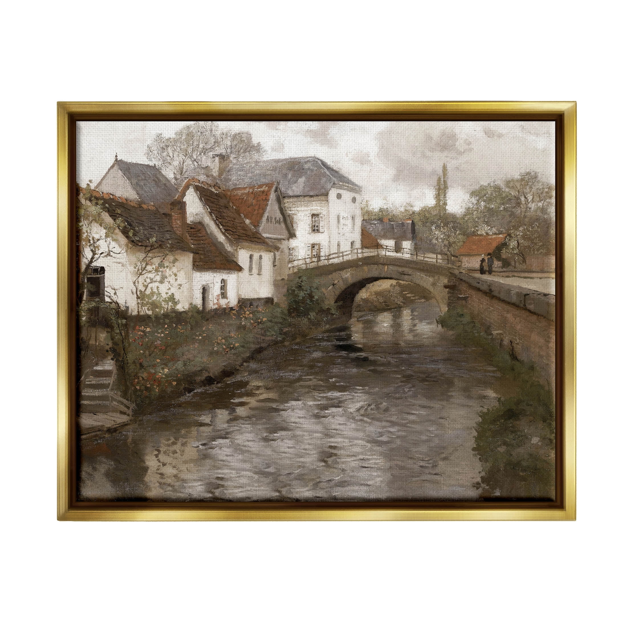 Classic Canal Neighborhood Scenery Landscape Painting Metallic Gold Framed Art Print Wall Art