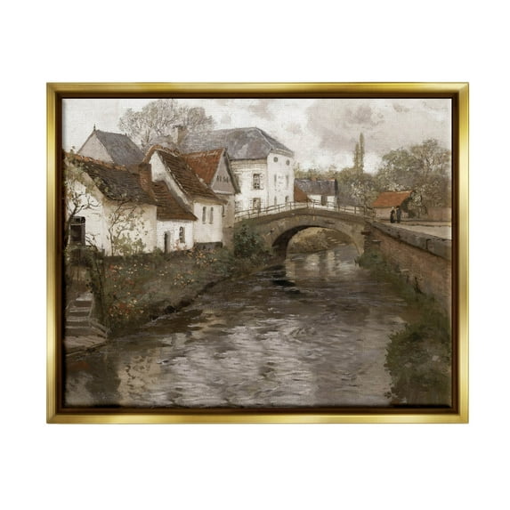 Classic Canal Neighborhood Scenery Landscape Painting Metallic Gold Framed Art Print Wall Art