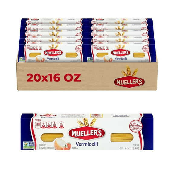 Classic Capellini Pasta (20-Pk, 16 oz Each)  Muellers Capellini, also known as angel hair pasta, is an ultra-thin, delicate pasta that pairs perfectly with light sauces, seafood & fresh vegetables.