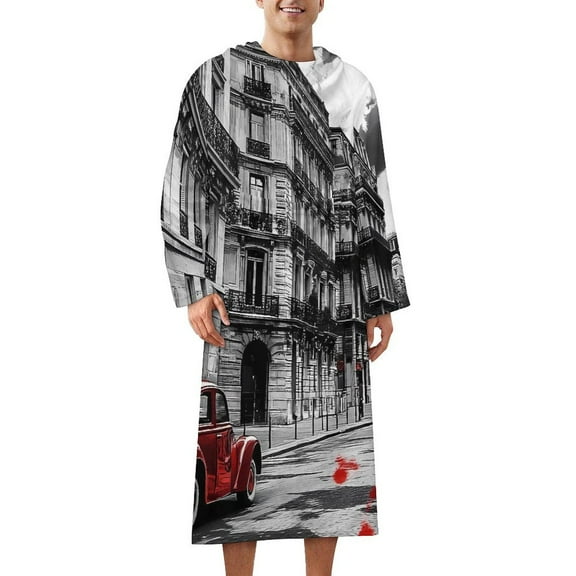 Classic Car And Eiffel Tower Scenery Wearable Blanket with Sleeves and Pocket Comfy Flannel Fleece Snuggy Wrap Throws Blankets Robe 152x65cm