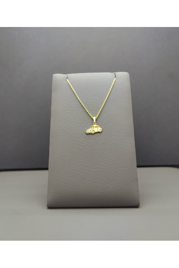 Classic Car Charm Necklace in 9K Yellow Gold, Small Beetle Car Pendant, Thin Cable Chain, Tiny Engraved Gift for Her