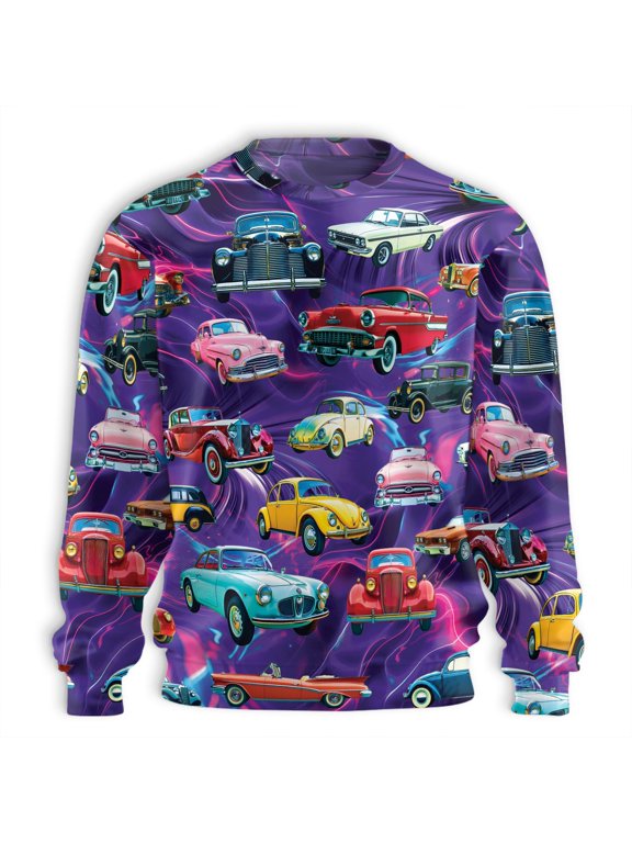 Classic Car Sweatshirt, Colorful Vintage Automobile Pattern Pullover, Retro Car Lover Gift for Men Women