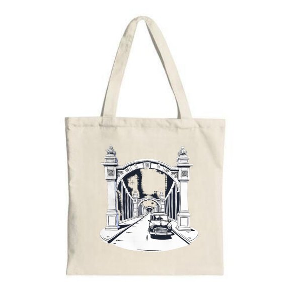 Classic Car Tote Bag - Monochrome Design of a Car in an Archway with Columns Perfect for Shopping Travel and Parties