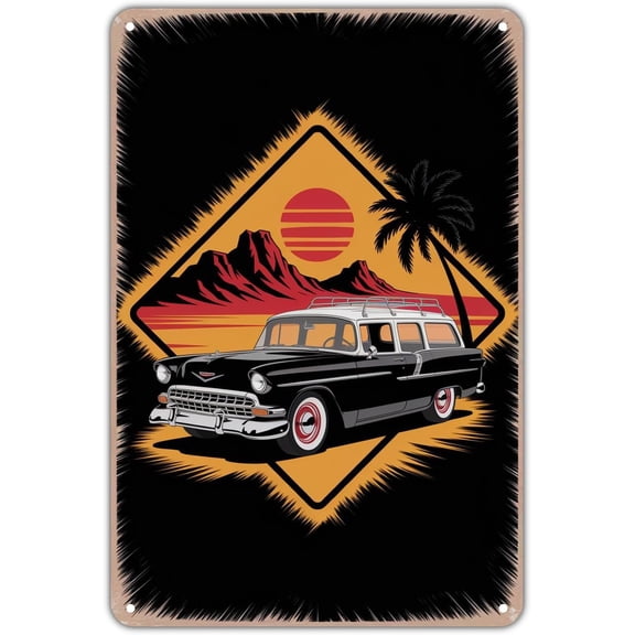Classic Car tin sign, Vintage Retro Station Wagon Metal Sign print Aesthetic Room Decoration for Home Bedroom Kitchen Bar Coffee Bathroom Indoor Outdoor Wall Decor, 8 X 12 IN