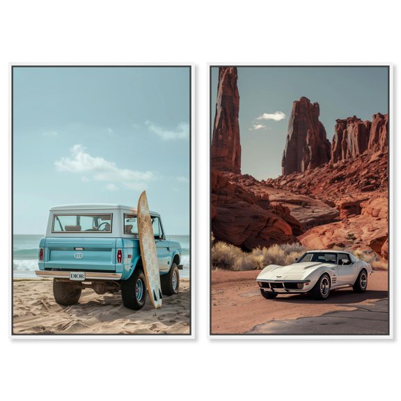 Classic Cars 2 Panel Set Canvas Print Travel Photography by Art Remedy, White Frame, 24 x 36