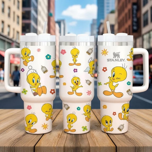 Classic Cartoon Orange Duck 40oz Tumbler with Handle, Cute Character Stainless Steel Insulated Travel Mug with Straw, Large Coffee Cup Gift for Cartoon Lovers