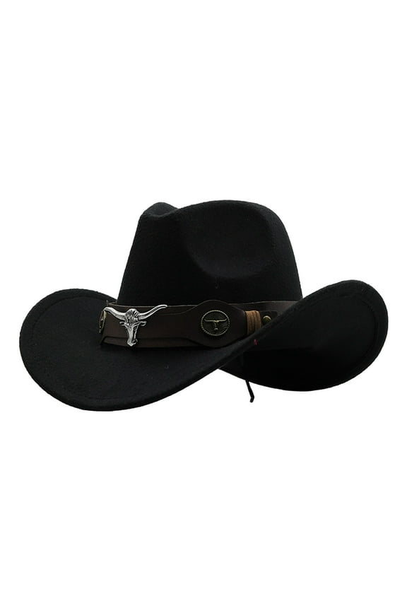 Classic Cattleman Hat for Men and Women, Western Cowboy Hat with Leather Strap and Bull Head Charm, Woven Straw Hat for Country Music Festivals, Rodeo, and Outdoor Western Wear-Black