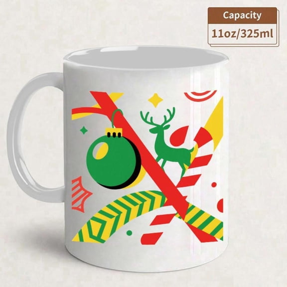 Classic Ceramic Christmas Mug 11oz with Red Green Holiday Icons White Reusable Coffee Cup Featuring Candy Cane Holly Pine Deer Patterns Golden Multi Use Hot Cocoa Tea Hot Hand Wash Only Elegant