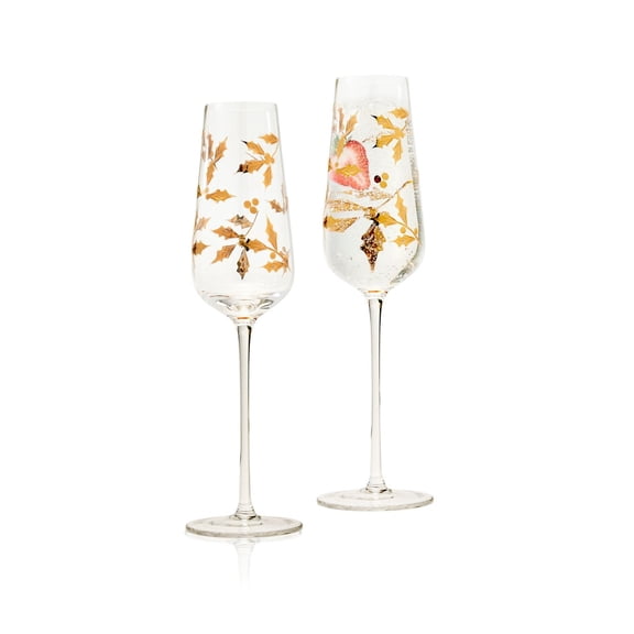 Classic Champagne Flutes, Set of 2 - Gold Painted Leaves Coupe Glass