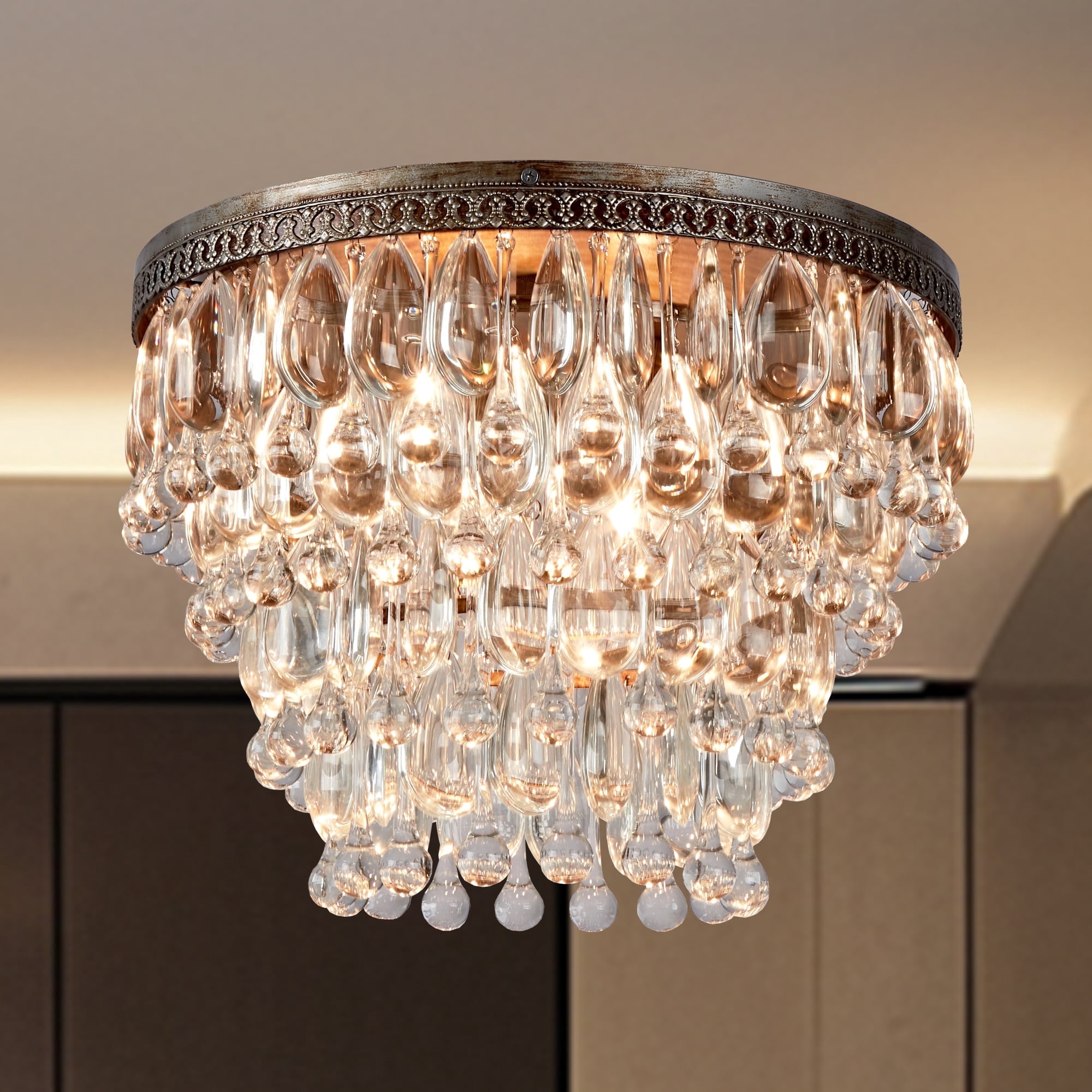 Vintage Antique Bronze Semi Flush Mount, 15 Inch Crystal Droplets Flush Mount Light, Unique Elegant Metal Close to Ceiling Light for Lving Room, Dining Room, Bedroom