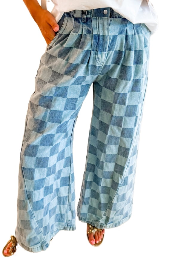 Classic Checkered Denim Jeans with Wide Leg Fit - Dusk Blue | [ZhiHiMeRi] | 12