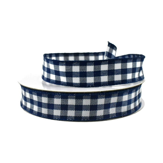 Classic Checkered Plaid Wired Ribbon, 5/8-Inch, 10-Yard - Navy Blue
