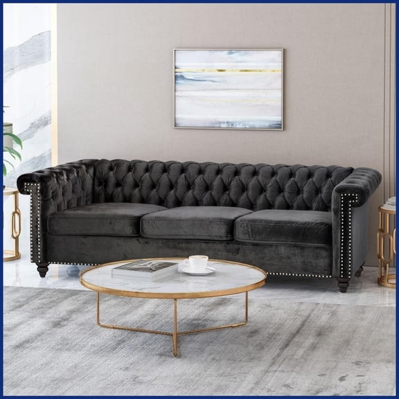 Classic Chesterfield 3-Seater Plush Sofa with Deep Tufting & Nail Heads for Living Room