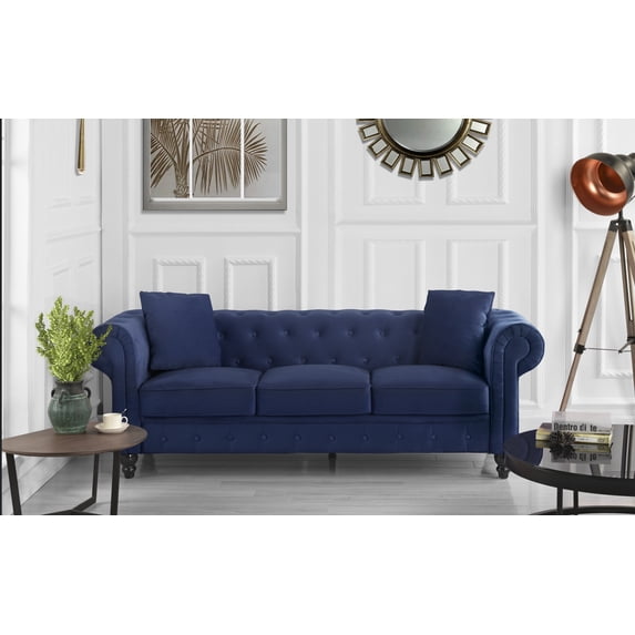 Classic Chesterfield Couch in Velvet Scroll Arm Tufted Button Sofa, Blue