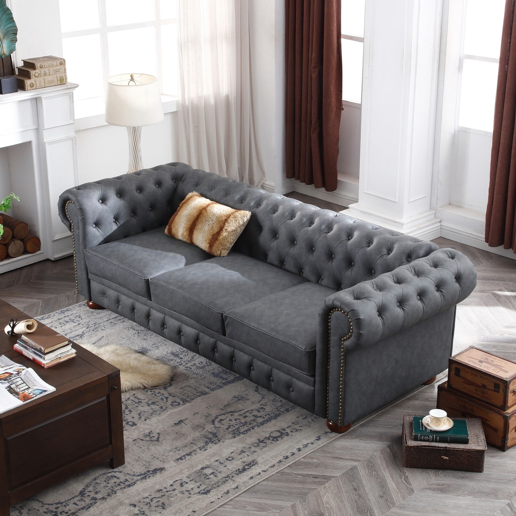 Classic Chesterfield Faux Leather Sofa Couch DARK GREY