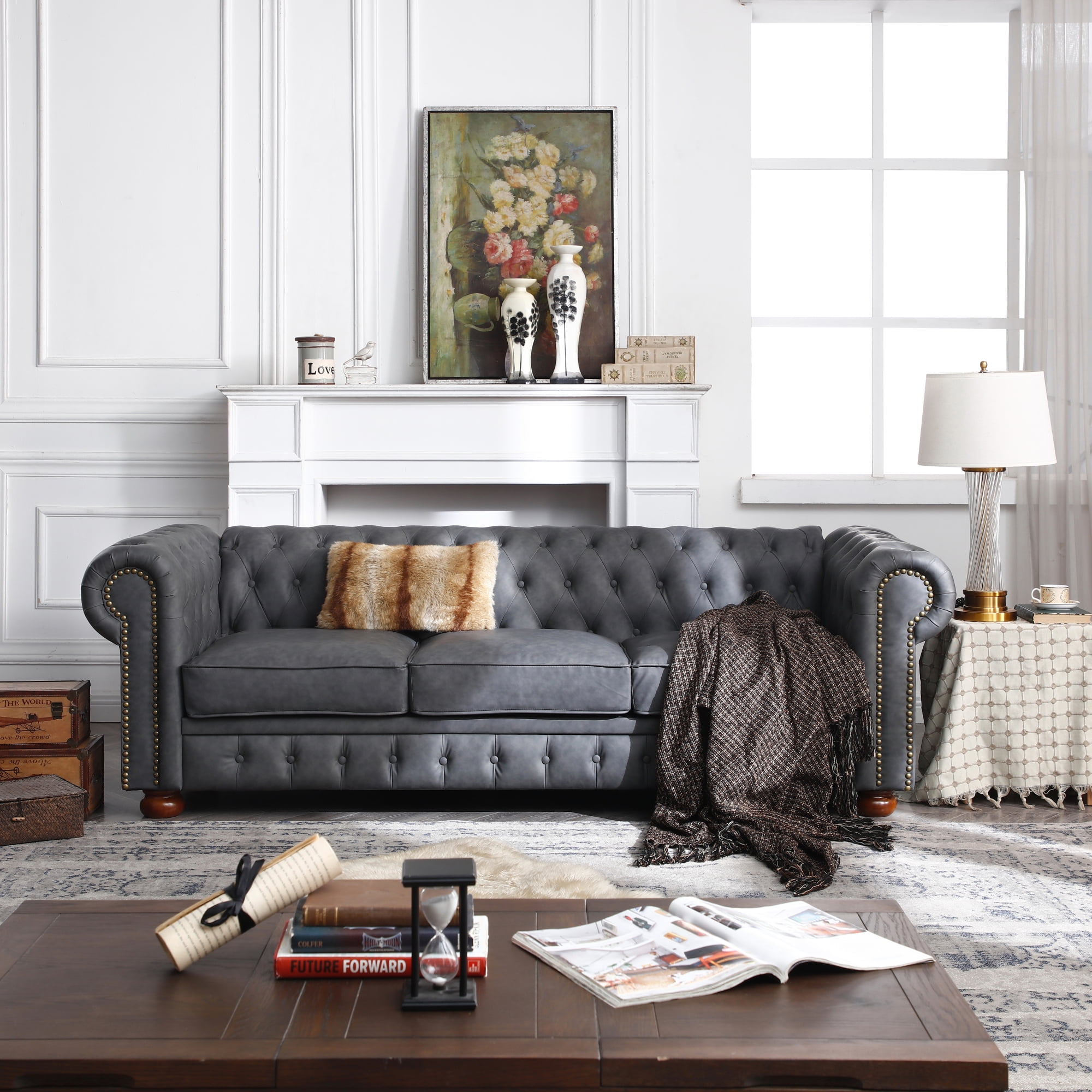 Gray Faux Leather Chesterfield Sofa with Round Arms and Wood Legs