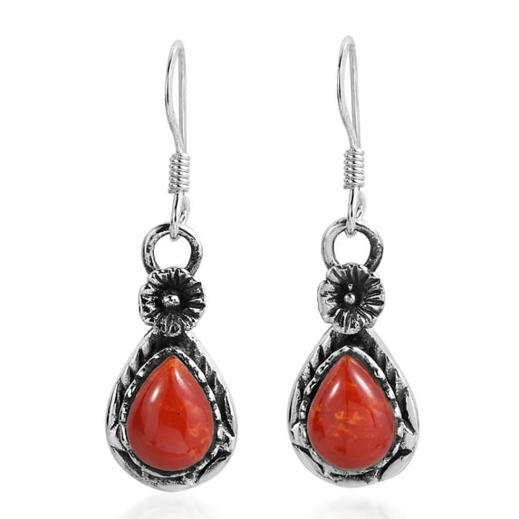 Classic Chic Teardrop Synthetic Coral & Flower Sterling Silver Dangle Earrings