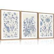 Classic Chinoiserie Framed Canvas Wall Art Set, Blue Watercolor Flower Wall Decor, Blue and White Plant Wall Painting, Minimalist Floral Art Print for Living Room, Bedroom, Office - 16" 24" 3