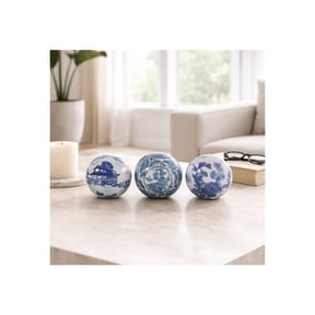Classic Chinoserie Orbs for Home Decor - Decorative Ceramic Accent for Bathroom, Office, Living Room and Shelf Display - Contemporary Design for Coffee Table Styling - Set of 3, 5", Blue & White