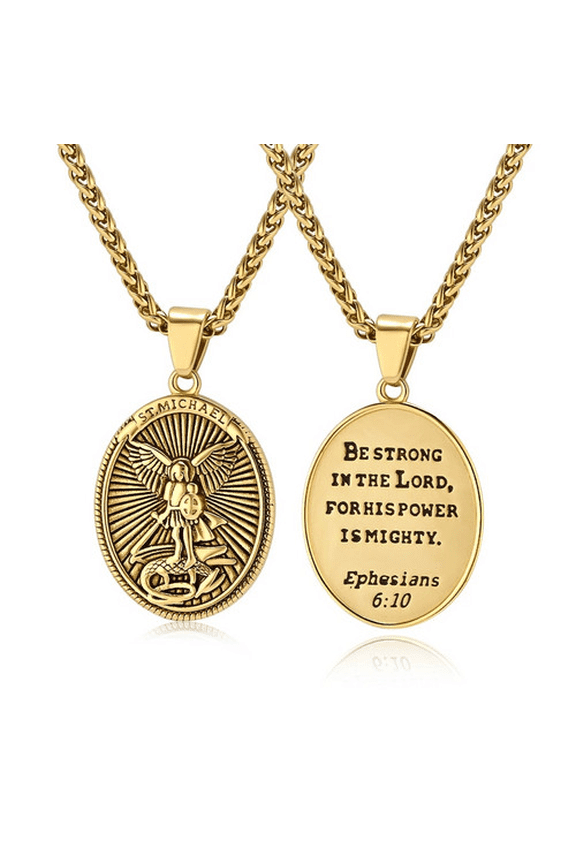 Classic Christian Jewelry 14K Yellow Gold Protection Lucky Catholic Archangel St Michael Pendant Necklace For Men Women