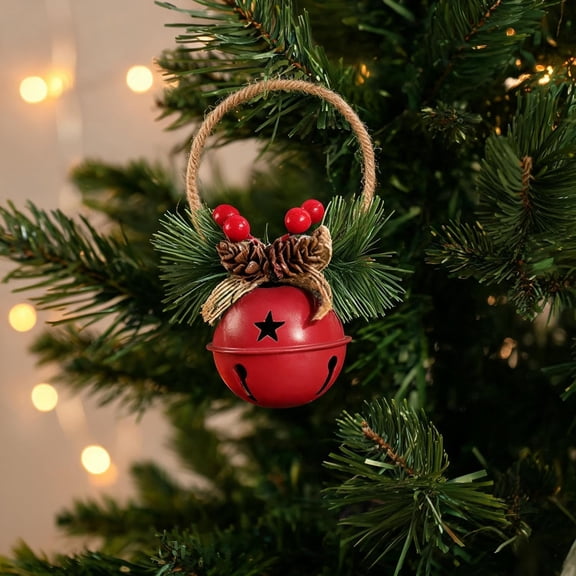 Classic Christmas Bell Hanging Ornament with Pinecones & Red Berries, 1 Pcs, 4.3" Christmas Bell with Hemp Rope, Iron Material Produces Crisp, Rustic Christmas Decoration for Door, Home Decor, Red