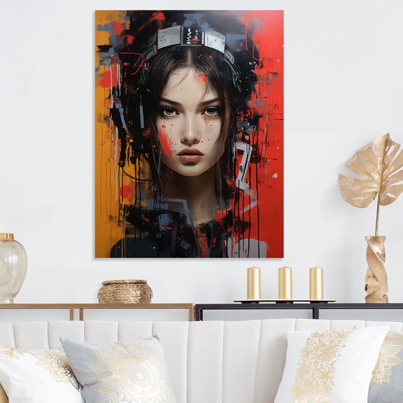 Designart "Neon Graffiti Japan Geisha woman IV In Red and Black"Asian Woman Metal Wall Art Print Red Modern Living Room Wall Art