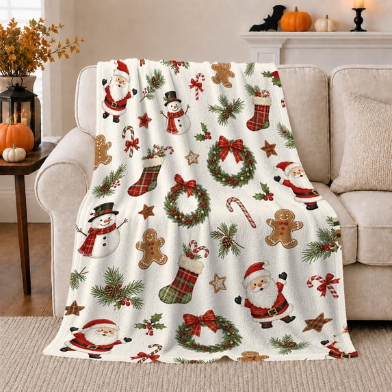 Classic Christmas Characters White Seamless Pattern Santa Snowmen, Festive Holiday Scene, Warm Flannel Blanket for Living Room and Family Room, Art Lovers Christmas Gift, Festive Home Decor