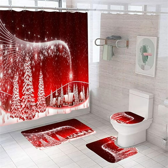 Classic Christmas Pattern Bathroom Sets with Shower Curtain Sets and Rugs, Toilet Lid Cover, Bath Mat, Shower Curtain Set with Hooks, Waterproof Fabric Bathroom Decor Shower Curtain 4pcs Sets …