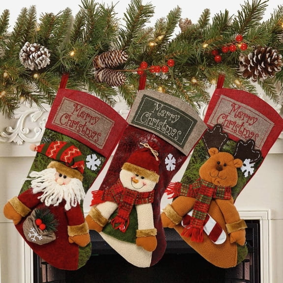 Classic Christmas Stockings, 18 Inch Large Burlap Decor, Set of 3 with Hanging Loops