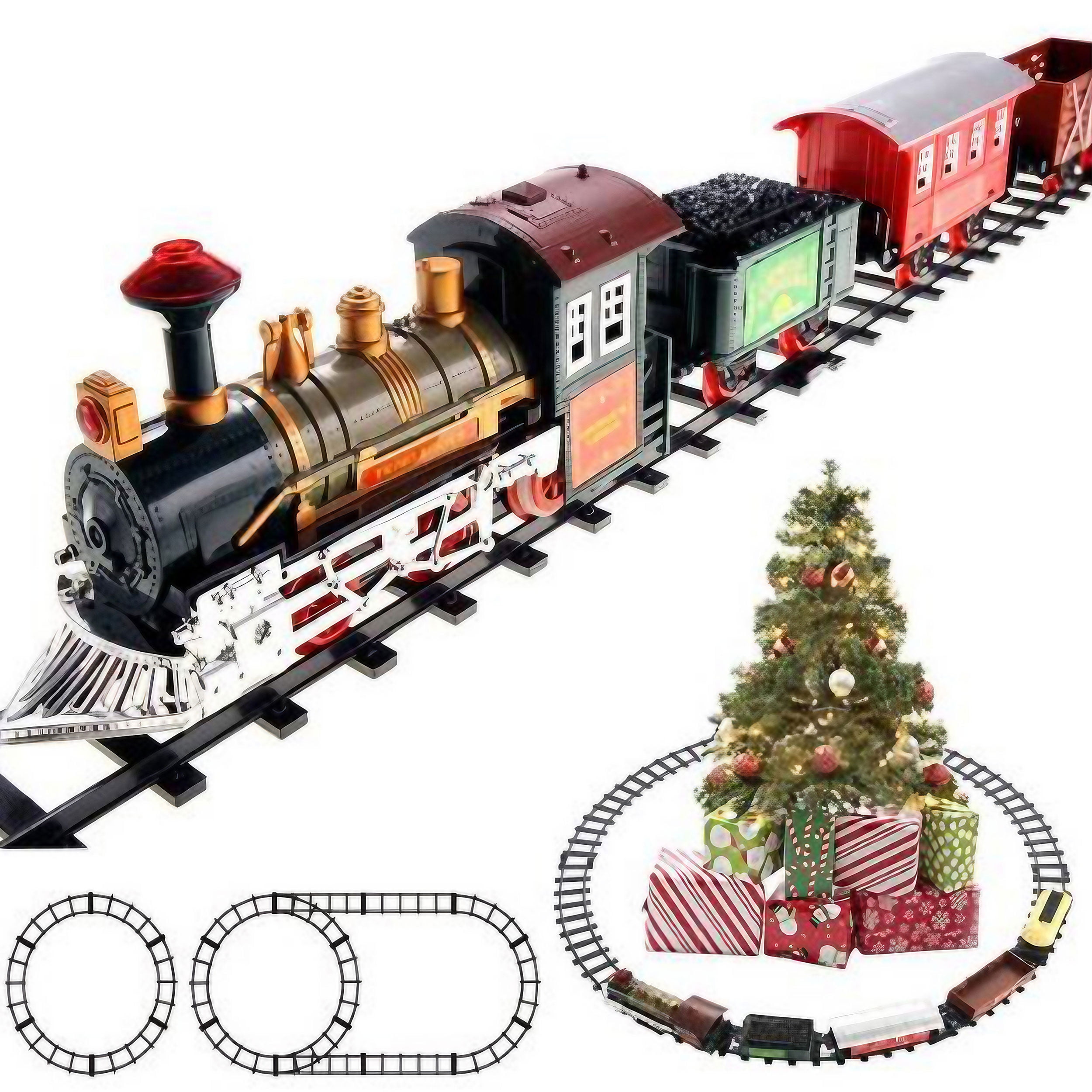 Classic Christmas Themed 15 Pc. Santa's Train Set with Locomotive Engine, Cargo Cars, Tracks and Holiday Flair