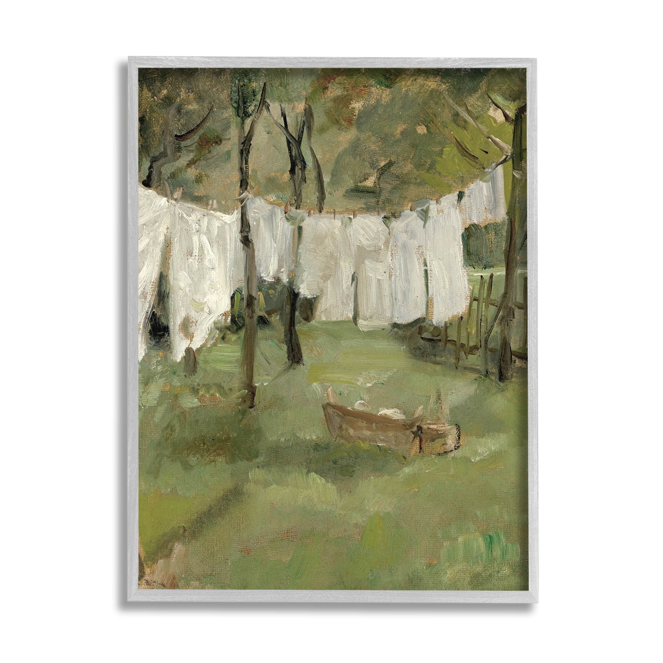 Classic Clothesline Yard Scene Landscape Painting Gray Framed Art Print Wall Art