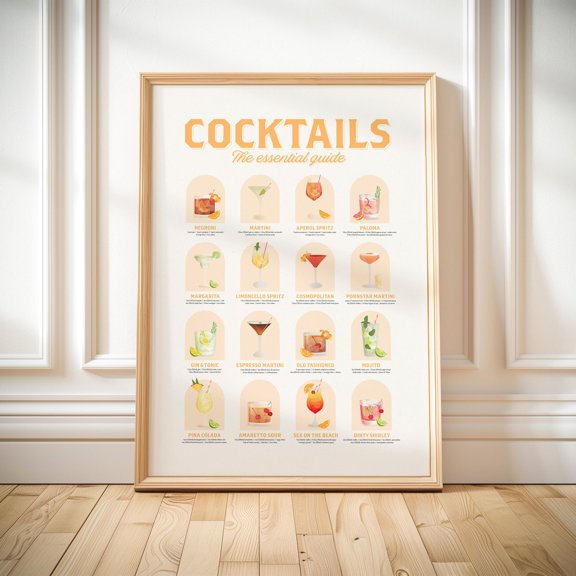 Classic Cocktail Recipe Chart Print Home Bar Wall Art